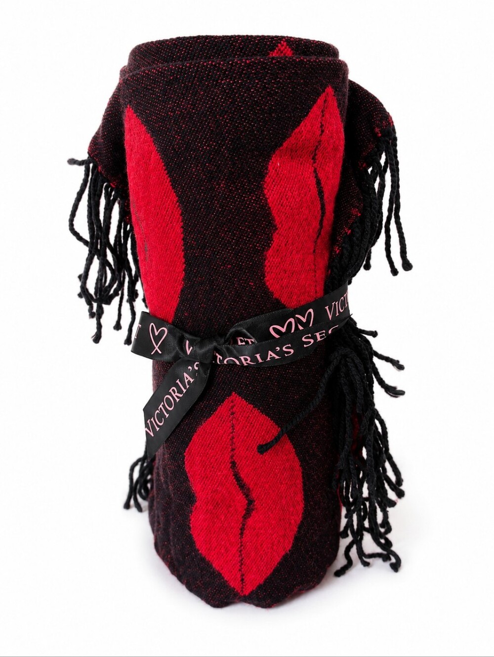 Victoria's Secret Red Black Lip Print Fringe Throw Blanket 50x60 NWT 100% Acryli
